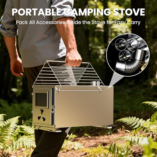 Upgraded Wood Stove, Hot Tent Stove Camping Portable Stainless Steel Wood Burning Stove with 7 Chimney Pipes for Wall Tent...
