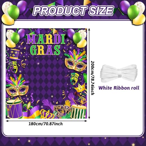 AIBIIN Mardi Gras Backdrop Mardi Gras Decorations Photo Booth Props Carnival Masquerade Mask Banner Purple Glitter Beads M...