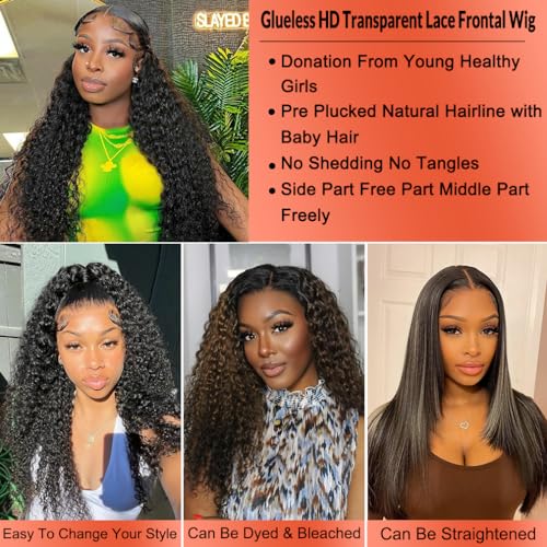 Kinky Curly Lace Front Wig Human Hair 13x4 Glueless Wigs Virgin Hair Pre Plucked with Baby Hair 18 Inch HD Deep Jerry Curly Wave Lace Frontal Wigs 150% Density Full and Thick