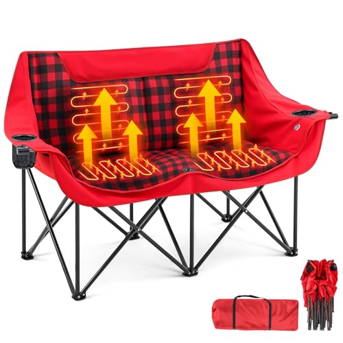 Padded Heated Double Camping Chair for Adults, 4 Heating Zones & 3 Heat Levels, Padded Loveseat Oversize Folding Chair Por...