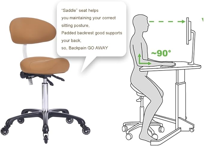 Ergonomic Rolling Saddle Stool with Back Support Professional Height Adjustable Swivel Chair for Drafting Salon Hair Massage Spa, in Camel