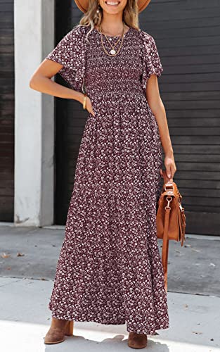 PRETTYGARDEN Women's 2026 Spring Casual Flutter Short Sleeve Boho Floral Maxi Dress Crew Neck Smocked Tiered Long Dresses
