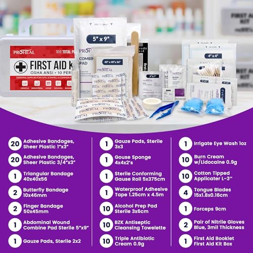 OSHA Compliant First Aid Kit - 10 Person, Type III, ANSI Class A Emergency Kit for Truck, Car, Construction Site - 111 Ess...