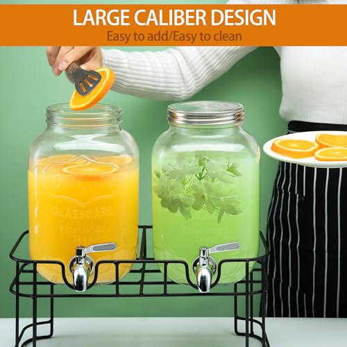 1 Gallon Glass Drink Dispensers for Parties, 2PACK Beverage Dispenser with Stand, Ice Cylinder and Stainless Steel Spigot ...