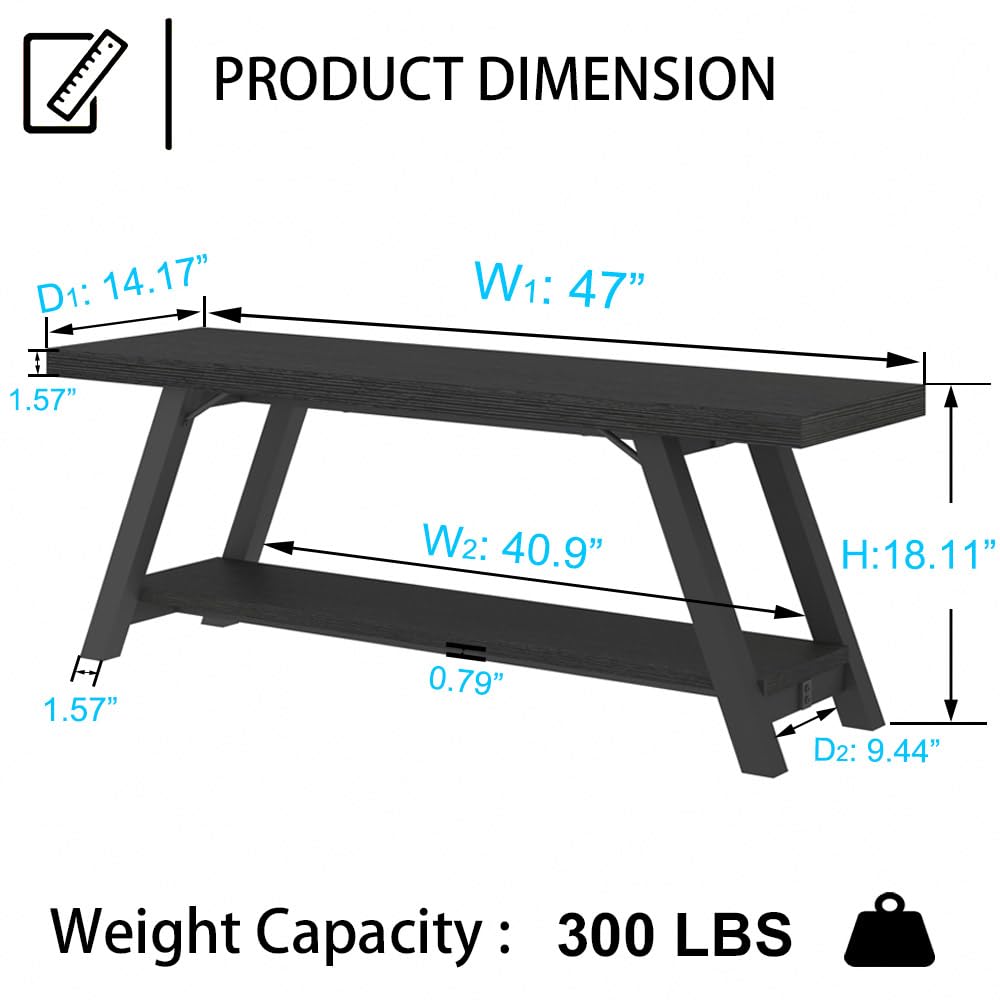 LVB Black Bench, Modern Storage Bench for Bedroom, Wood Metal Entryway Bench for Hallway Dining Living Room, Famrhouse Shoe Rack Indoor Accent Seating Benchs for Foyer Entrance, Black Oak 47 Inch Long