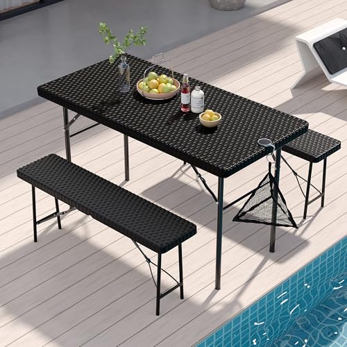 VECELO 3 Piece Folding Picnic Table with 2 Benches, 47.2" Faux Rattan Patio Set with Mesh Bag, Heat-Resistant & Waterproo...