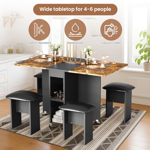 AWQM Foldable Dining Table Set for 4,Folding Dining Table with 4 Leather Chairs & Storage,Drop Leaf Dinner Table with 6 Wh...