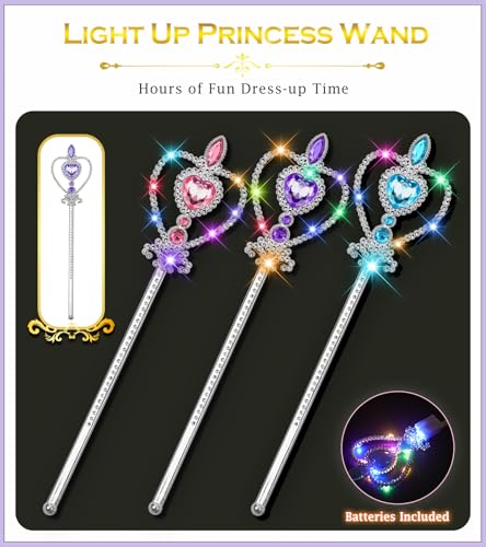 BIBUTY Princess Crown Tiara for Little Girls Princess Dress Up Accessories, Light Up Princess Tiara Wand Toys for 3-6 Girls