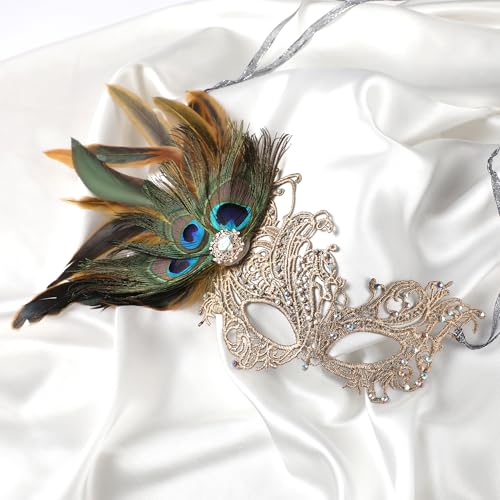 Zinniday Lace Masquerade Masks for Women - 1920s Peacock Feather Venetian Mask for Halloween Couples Mardi Gras Ball
