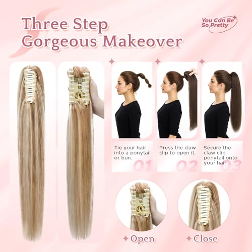 Human Hair Claw Clip Ponytail Extension 100% Real Human Hair Clip-In Extensions for Women Long Straight Pony Tails 16 Inches 105g #12P613 Golden Brown mixed Bleach Blonde
