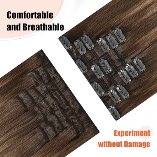 Balayage Hair Extensions Real Human Hair, Ombre Medium Brown Fading to Caramel Blonde 14 inches 120g Highlights 100% Human Hair Natural Straight Woman Beauty Clip ins #4/27/4