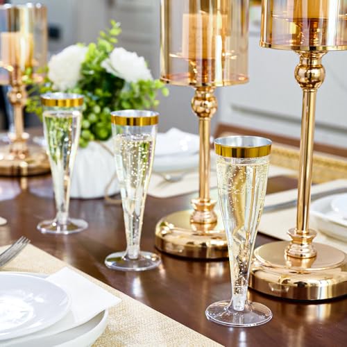 FOCUSLINE 100 Pack Plastic Champagne Flutes, 4.5 Oz Gold Rim Plastic Champagne Glasses, Disposable Clear Toasting Glasses ...