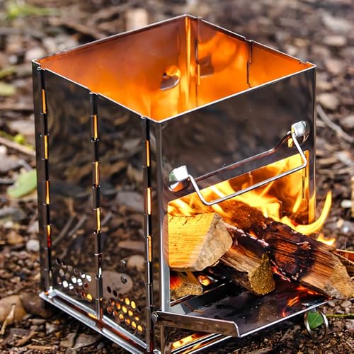 REDCAMP Wood Burning Folding Camp Stove Stainless Steel Grid, Portable Collapsible Backpacking Stove Survival Rocket Stove...