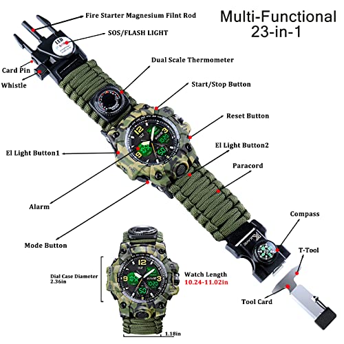 Mens Tactical Military Digital Watch, 23-in-1 Survival Multi-Functional Army Outdoors Waterproof Camouflage Sports Watches...