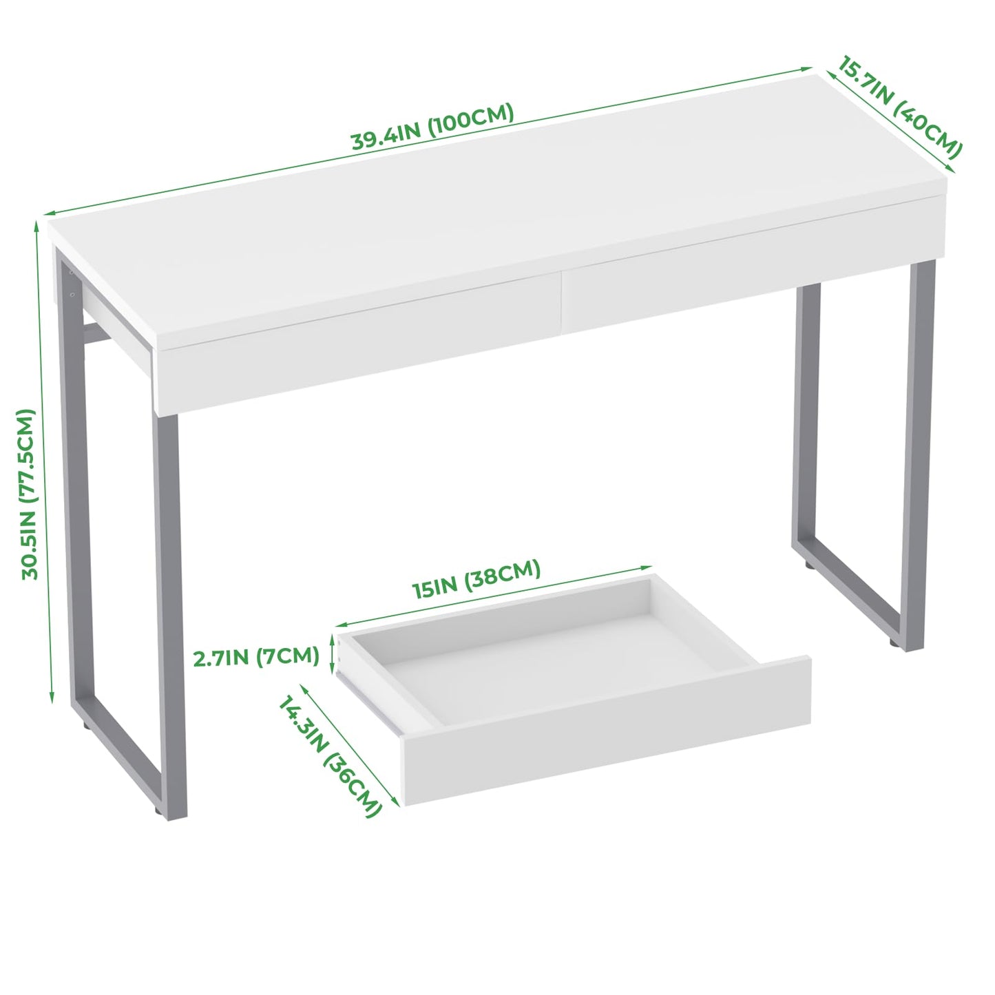 GreenForest Vanity Desk with 2 Drawers,Glossy Desktop White Desk for Bedroom,Makeup Table with Storage Space,Small Desk for Home Office,(39 inch No Mirror)