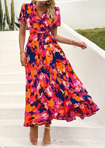 PRETTYGARDEN Women's Boho Floral Maxi Dress Summer Short Sleeve Wrap V Neck Long Flowy Beach Vacation Wedding Guest Dresses