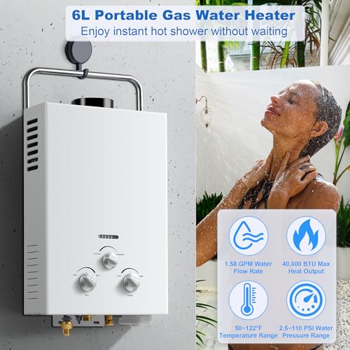 Outdoor Propane Tankless Water Heater - 6L 1.58 GPM Portable Gas Water Heater with Handle & Overheating Protection, Instan...