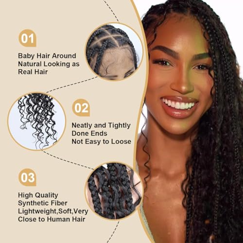 36 inch Knotless Boho Box Braid Wigs, 360 Single Full Lace Braided Curly Wigs for Black Women, Synthetic Black Braided Lace Wig
