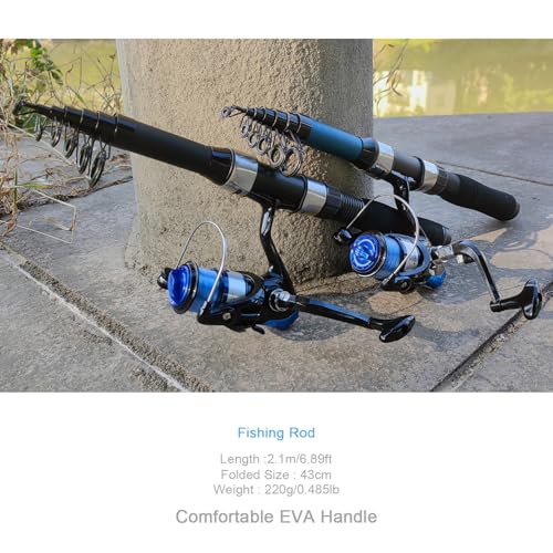 LOEIBMIRY 2 Pack 2.1m/6.89ft Telescopic Spinning Fishing Rod Reel Combos with Carrier Bag, Lures, Pliers for Saltwater Fre...