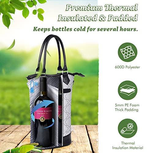 Tirrinia Insulated Wine Gift Carrier Tote - Travel Padded 2 Bottle Wine/Champagne Cooler Bag for Portable Wine Bottle Carr...