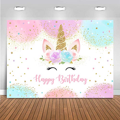 Mocsicka Unicorn Birthday Decorations Backdrop for Girls Party 6x4ft Pastel Rainbow Glitter Stars Dots Happy Birthday Bann...