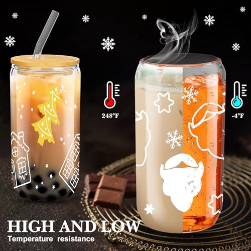 Umigy 8 Pack Christmas Glass Cups 16 oz Christmas Drinking Glasses Bulk with Lids and Straws Xmas Tumbler Drinking Glasses...