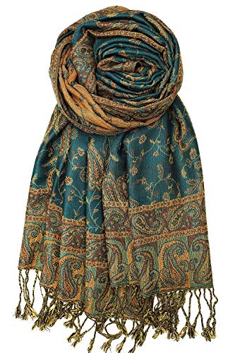 Achillea Reversible Paisley Pashmina Rave Scarf – Exotic Indian Shawls and Wraps for Evening Dresses, Festivals, All Seasons