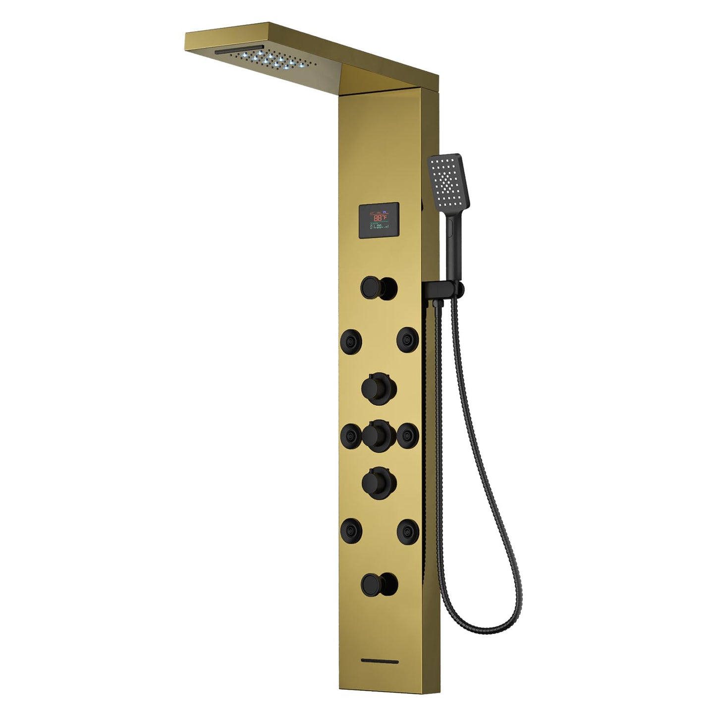BATHLAVISH Shower Panel Tower System Stainless Steel LED Rainfall Waterfall Shower Head 5-Function Faucet Rain Massage System Wall Mount with 8 Body Jets, Handheld, and Tub Spout, Gold