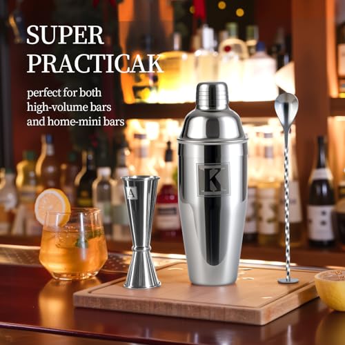 Thecosky 24oz Cocktail Shaker Set with Minimun 1/8oz Scale 1 oz 2oz Jigger - Monogramm Initials Martini Shaker Set - 304 S...