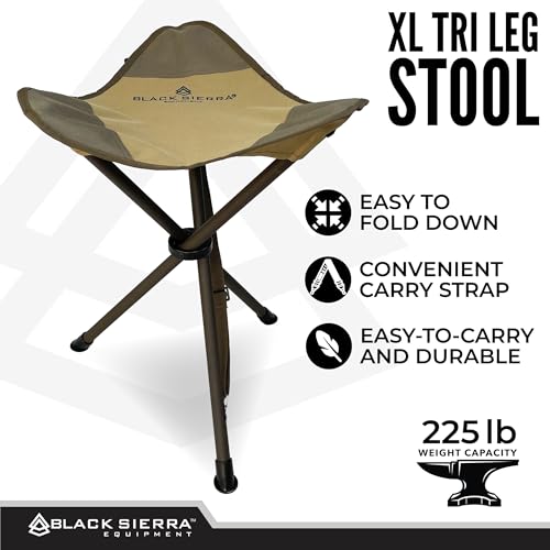 Black Sierra Folding Hunting Stool w/Shoulder Strap Supports 225 lbs, Lightweight Collapsible Tripod Seat, Foldable Steel ...