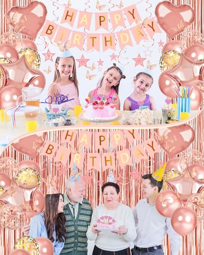 Lutoys Rose Gold Happy Birthday Party Decorations, Happy Birthday Banner, Rose Gold Foil Heart Star Confetti Balloons Curt...