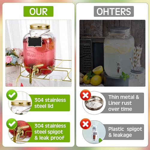 Lallisa 2 Pcs 2 Gallon Glass Drink Dispenser with Stand Ice Cylinder Hanging Chalkboard Signs 18/8 Stainless Steel Spigot ...