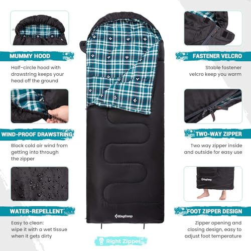 KingCamp Sleeping Bag for Adults, Cold Weather & Warm XL Big and Tall Flannel Sleeping Bags with Compression Sack Portable...