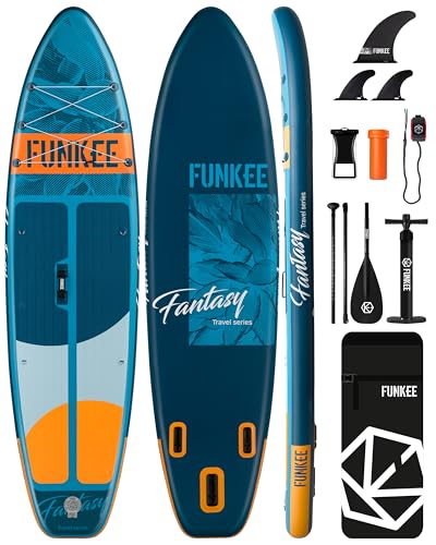 FUNKEE 11’×34"×6" Extra Wide Inflatable Stand Up Paddle Board, Sup Board with Removable Fins, Backpack, Floating Paddle, S...