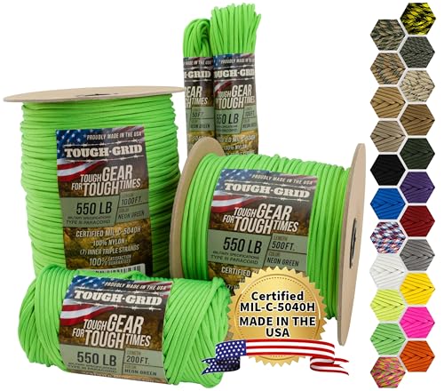 TOUGH-GRID Paracord Rope 550 lbs Nylon Parachute Cord, Made in USA Survival Kit, Outdoor Adventures, Camping, Tactical Gea...