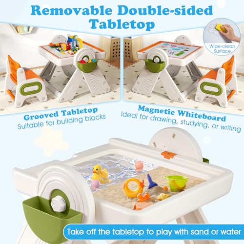 Costzon 6-in-1 Kids Table and Chair, Folding Height-Adjustable Art Easel w/Reversible Building Block Tabletop & Whiteboar...