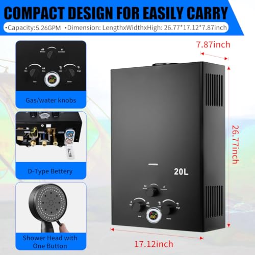 Tankless Propane Water Heater - 5.26GPM 20L, Outdoor Portable Gas Instant Hot Water Heater with Digital Display and Multi-...