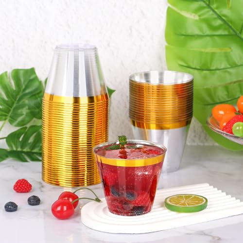 Upigi 100 Pcs Gold Plastic Cups,9Oz Gold Rimmed Plastic Cups,Heavy Duty Gold Rim Clear Disposable Plasitc Cocktail Tumbler...