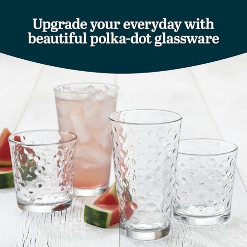 Libbey Awa Tumbler and Rock Glasses Drinking Set, Elegant Polka Dot Drinking Glasses Set of 16, All Purpose Glass Cups Set...