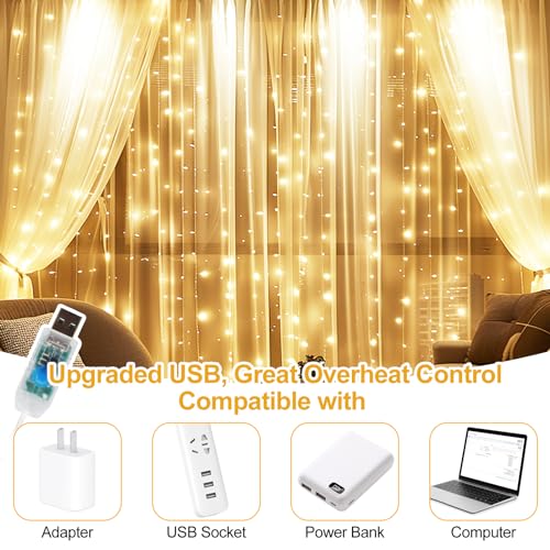 HOLITS Fairy Curtain Lights Upgraded Tangle-Free Warm White USB Plug in 8 Modes String Hanging Lights with Remote for Chri...