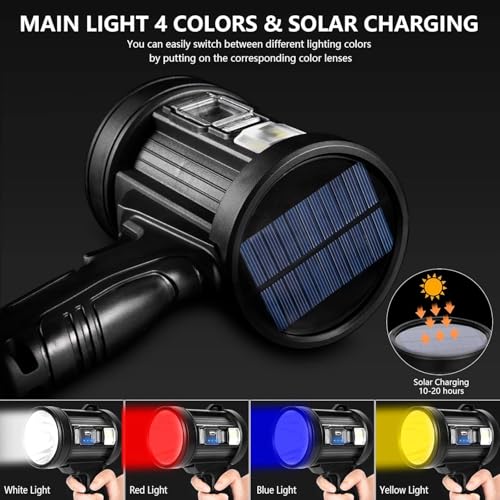 MIXILIN Rechargeable Spotlight, 90,000 Lumens Handheld Hunting Flashlight Led Spot Light with Cob Light and Solar Panels, ...