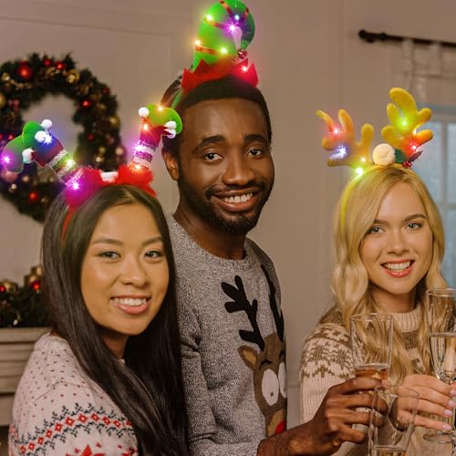 HOVACY Christmas Light Up Headband, Reindeer Antler Santa Hat Christmas Tree Hat Bow HairHoop Xmas Party Favors Decorations