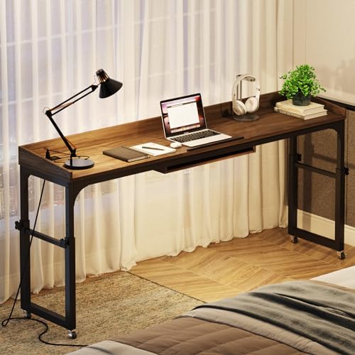 LITTLE TREE Overbed Table with Wheels Adjustable Height, Portable Rolling Table with Outlets & USB Ports for Queen Bed, Giant Computer Desk with Tilt Stand