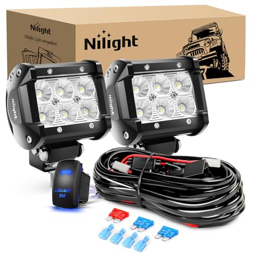 Nilight 4 Inch LED Light Pods 2PCS 18W Flood Fog Light Bar with 12V 5Pin Rocker Switch TE Connector Wiring Harness Kit-2 L...