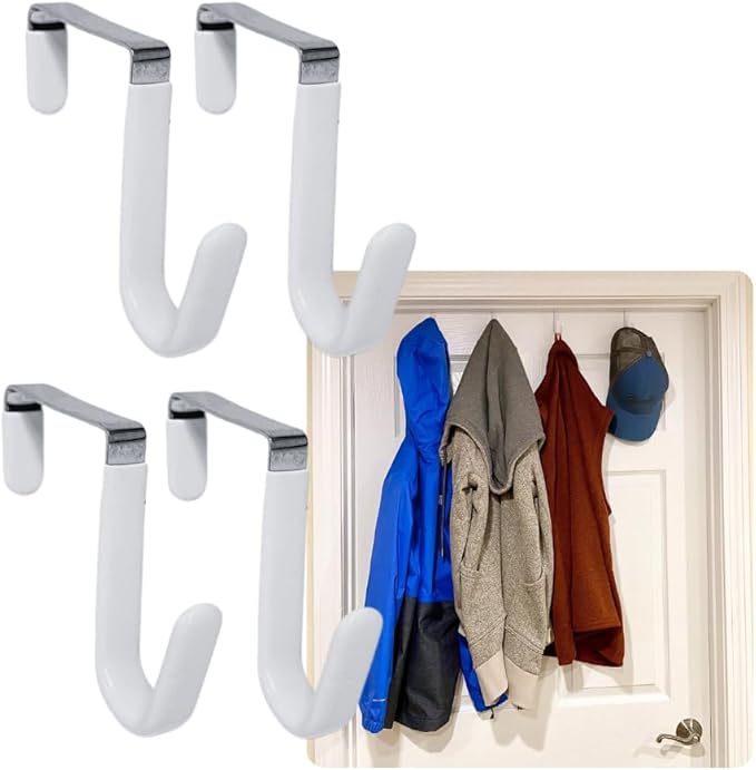 Evelots Over The Door Hooks - 4 Pack - Hangers for Clothes, Towel, Coats, Hats, Handbags - Made of Rubber Coated Steel - Closet, Bathroom, Office