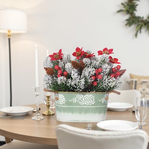 QIMOND Christmas Table Centerpiece with Artificial Red Poinsettias, Snowy Norfolk Pine, Berries & Pine Cones – Lifelike Ho...