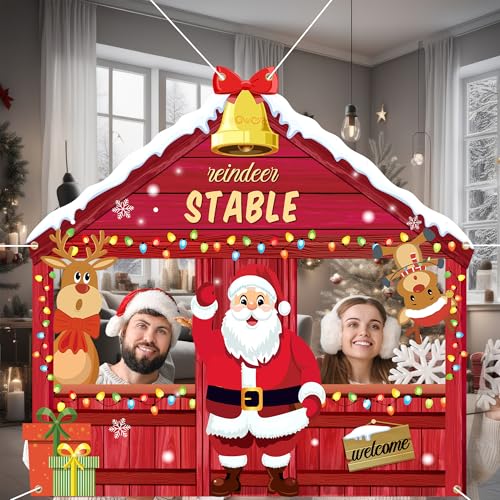 Christmas Reindeer Stable Photo Booth Santa Claus Party Background Christmas Elk Reindeer Hanging Sign Backdrop Xmas Holid...