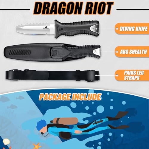 DRAGON RIOT Dive Knife with Sheath & Leg Straps Saltwater, Ultra Sharp Diving Knife with Knife Holster, Double Edged Scuba...