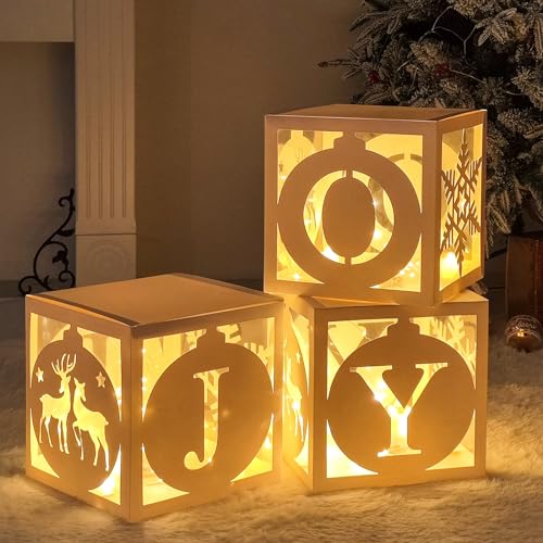 Light Up Christmas Decorations Indoor - 3pcs White Hollow-Out Paper Joy Boxes with Warm Light String, Holiday Fireplace Ch...