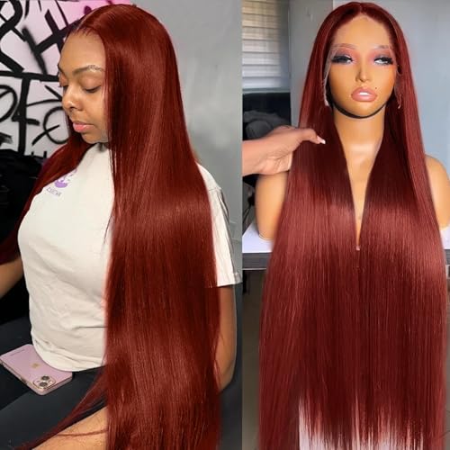 Reddish Brown Lace Front Wigs Human Hair Pre Plucked Brazilian Unprocessed Straight 13x4 HD Lace Frontal Wig with Baby Hair Auburn Copper Colored Wigs for Women (Reddish Brown,24 Inch)